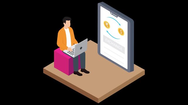 Isometric Currency Exchange Animation: Rupee to US Dollar Transfer