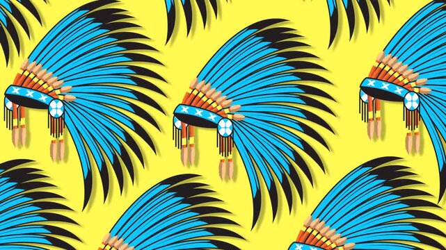 Animated Background of Native American Chief Feathered Headdress Pattern for Heritage Day.