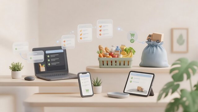 Laptop transitioning digital grocery list into physical basket objects. Technology concept