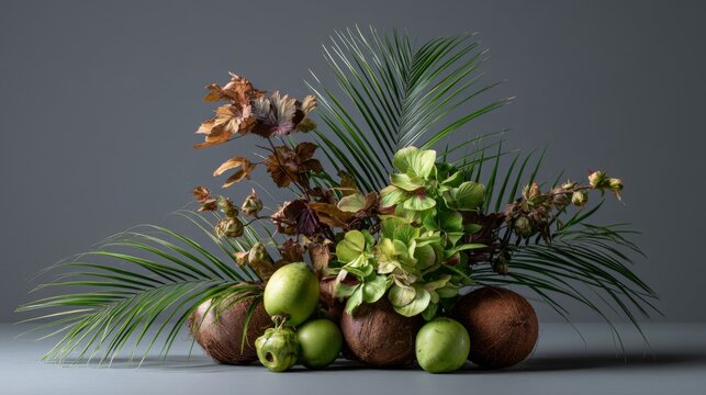 Vibrant Arrangement of Green Fruits and Tropical Foliage Display