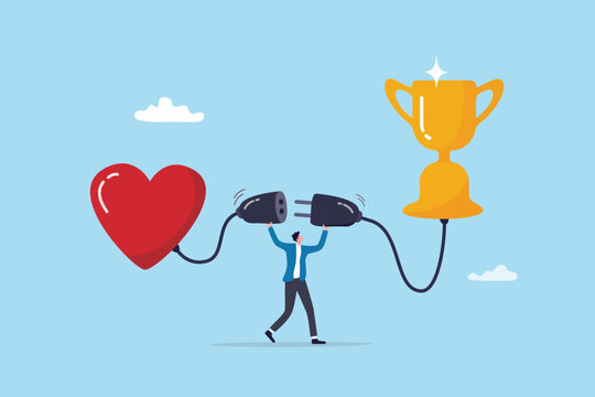 Work passion, ambition or aspiration to success, hope or desire to grow and achieve target business goal, effort, engagement or talent skill, businessman connect passion heart with success trophy.