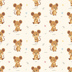 Fototapeta premium Shy Mouse Seamless Pattern, Embarrassed Rodent Heart Star Repeating Background Wallpaper Textile Fabric Cute Kawaii Baby Nursery Graphic, Pajamas Wrapping Flat Vector Cartoon Illustration
