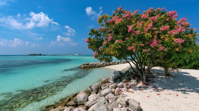 Tropical Paradise with Lush Tree on Sandy Beach and Clear Water