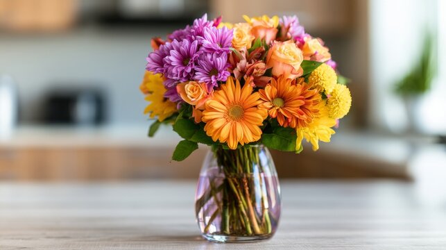 Vibrant Floral Arrangement in Glass Vase on a Wooden Table