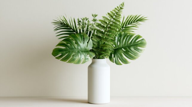 Elegant Greenery Arrangement in Simple White Vase on Minimalist Table