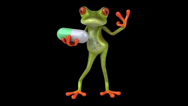 Fun 3D cartoon frog with a pill (with alpha channel)