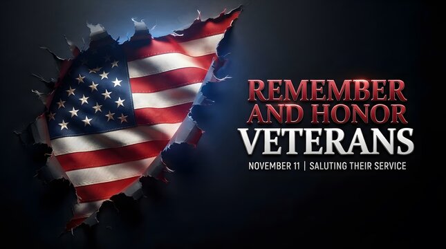 Remember and honor veterans with a dramatic american flag background