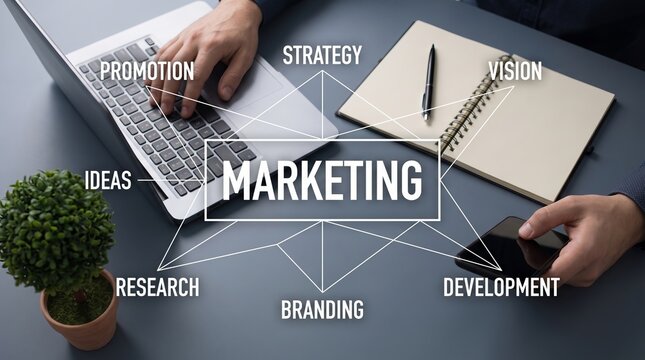 Marketing strategy diagram drawn on a workspace desk with laptop and notebook business development business growth project management office desk corporate strategy business