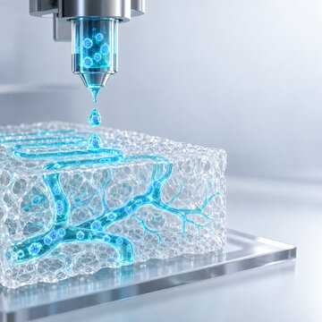 3D bioprinting and tissue engineering concept, translucent hydrogel scaffold chassis with glowing bio-ink cellular spheroid trajectory with copy space