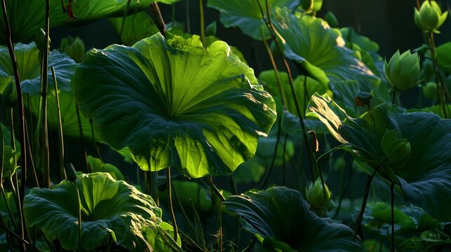 Lush Green Lotus Leaves Illuminated by Soft Natural Light