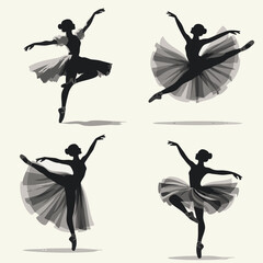 Set of four elegant ballerina silhouettes in various classic dance poses. Vector illustration featuring female ballet dancers with layered, semi-transparent tutus. Ideal for dance studio logos, theate © PelaStore