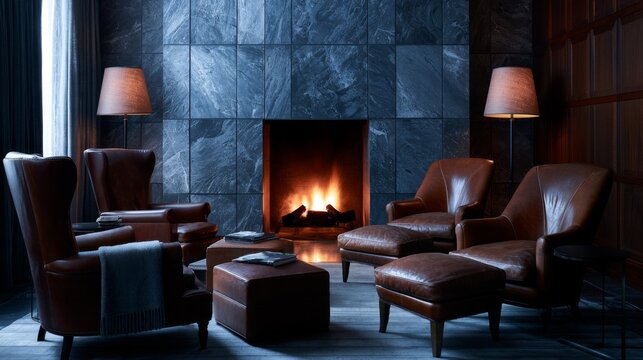 Modern Cozy Living Room with Leather Chairs and Fireplace Glow