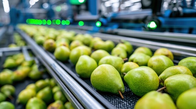 Automated optical sorting machine scans harvested Williams pears on a conveyor belt in a high-tech orchard.