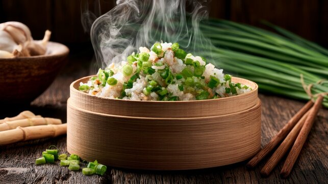 Steam Rising from Freshly Cooked Rice with Chopped Green Onions