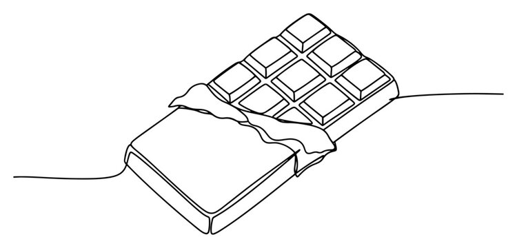 Opened chocolate bar in wrapper showing individual squares minimalist one line art style