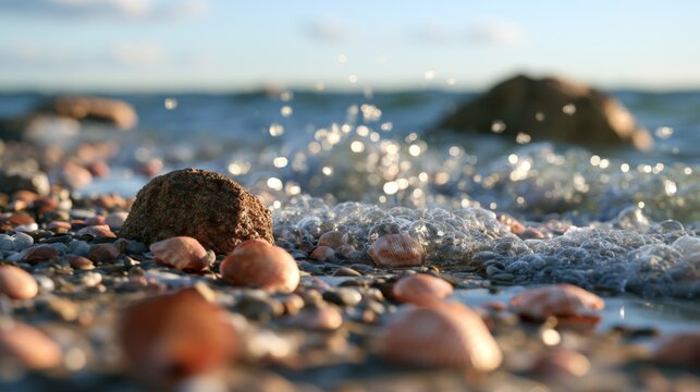 Shoreline Scene with Shells and Rocks Under Soft Ocean Waves