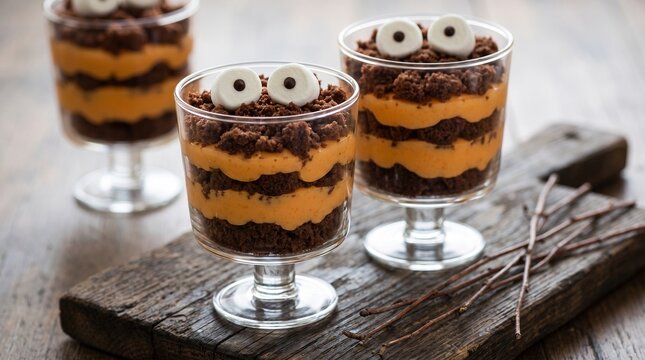 Layered chocolate mousse and cookie crumble dessert cups with marshmallow eyes on a wooden board with chocolate orange