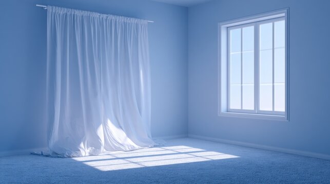 Serenity in a Minimalist Blue Room with Soft White Curtains