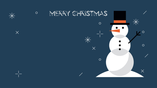 Merry Christmas greeting banner with minimalist geometric snowman and snowfall modern retro style on navy blue background horizontal template have blank space.