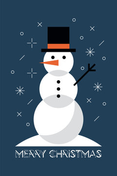 Merry Christmas greeting card with minimalist geometric snowman and snowfall modern retro style on navy blue background vertical template