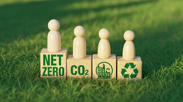Wooden blocks with net zero co2 and recycling symbols topped with human figurines standing on lush green grass for environmental awareness