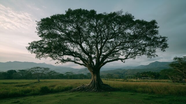 Majestic Tree Silhouette Against Scenic Landscape at Dusk
