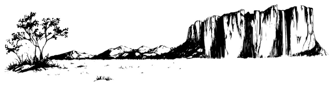 Desert landscape with mesa table mountain and trees in hand drawn engraving style