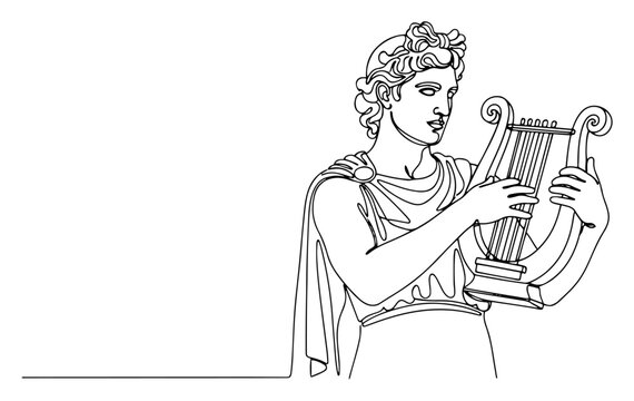 Classical youth playing ancient lyre harp in minimalist continuous line art style