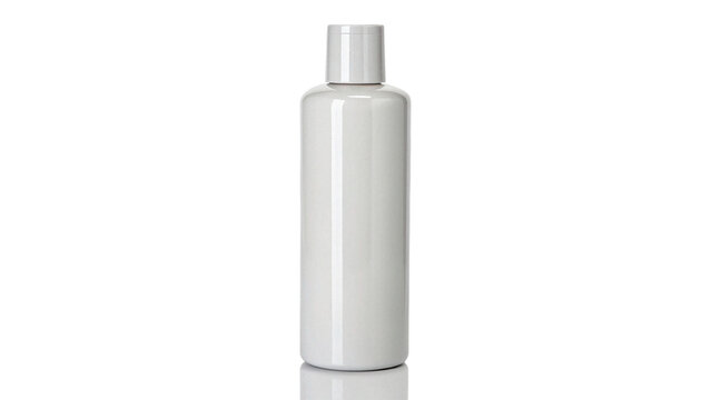 Blank white plastic cosmetic shampoo bottle packaging isolated on transparent background.