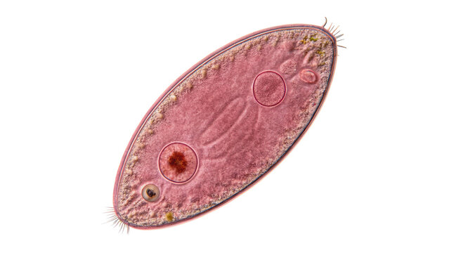Microscopic view of single celled paramecium caudatum organism isolated on transparent background.