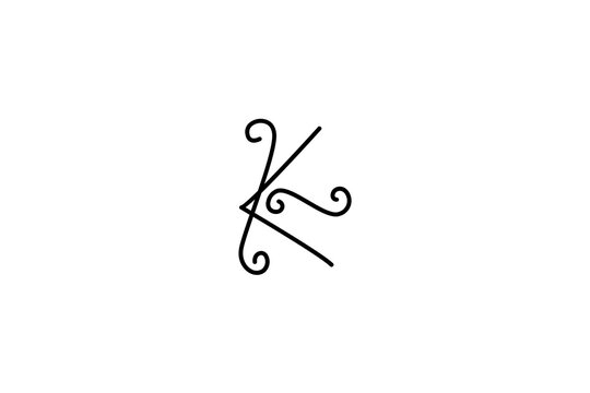 Minimalist calligraphic monogram featuring a stylized letter K with ornate scrolled ends and a curved flourish