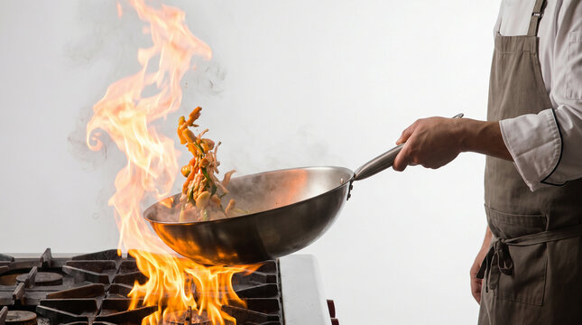 Chef cooking flambe with fire and pan in commercial kitchen