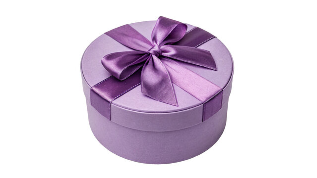 Round purple gift box package wrapped with ribbon isolated on transparent background.