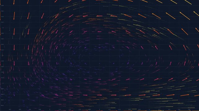 Colorful Vector Field Simulation on Dark Blue Grid, Mathematical Data Flow and Artificial Intelligence Machine Learning Algorithm Visualization