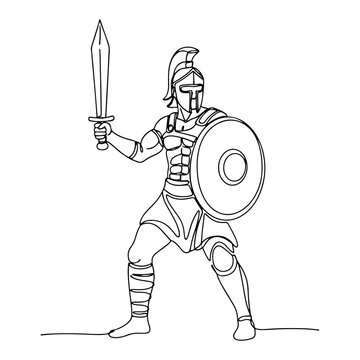 Spartan warrior or gladiator holding sword and shield in minimalist continuous line art style