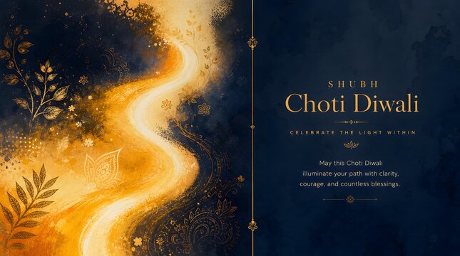 Glowing Golden Light Stream with Intricate Floral Motifs on Dark Navy Texture Graphic Illustration for Shubh Choti Diwali Festival Premium Greeting Banner Background