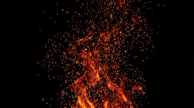 Fire sparks photo with bright glowing embers and hot flames rising against a dark black background