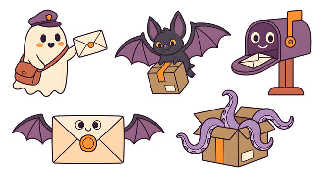 Cute Halloween mail delivery characters and spooky postal objects