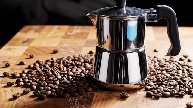 Coffee maker surrounded by roasted coffee beans with steam rising, on a wooden cutting board, close-up shot.