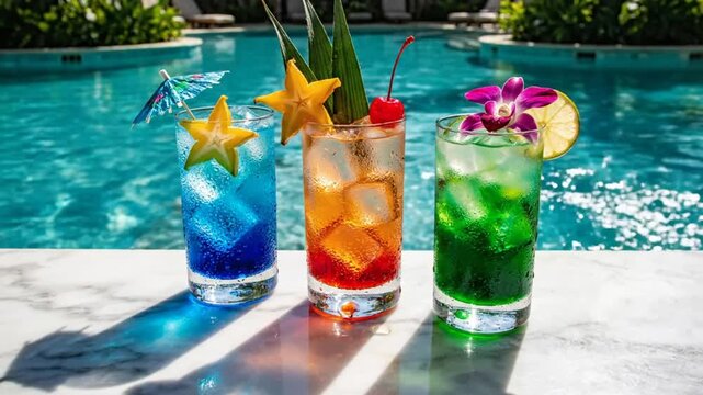 Three colorful tropical cocktails garnished beautifully next to a turquoise pool on a sunny day