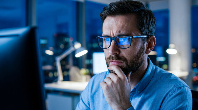 Focused businessman working on computer in office at night