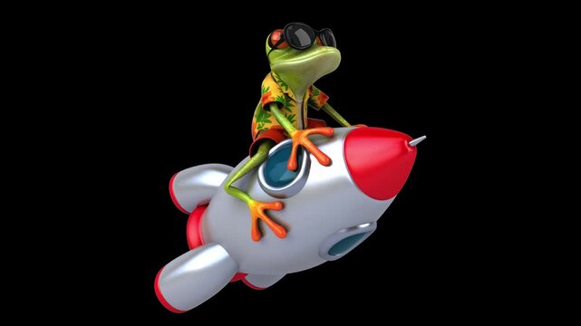 Fun 3D cartoon frog on a rocket(with alpha channel)