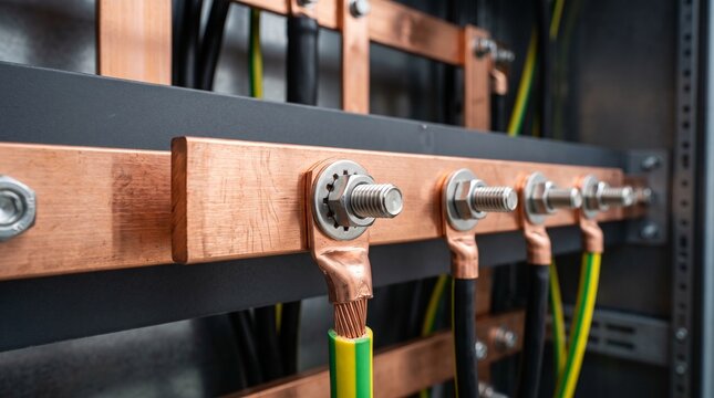 Copper electrical busbar with connected grounding cables in cabinet.