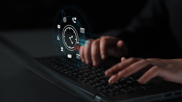 Hands Typing on Laptop with Digital Clock and Technology Icons Representing 24-7 Connectivity and Availability in Modern Workspace Environment. Entropy.