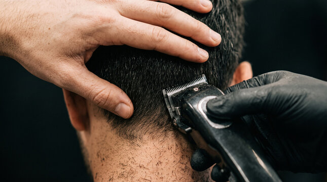 Extreme close-up of professional barber hands styling man hair with electric trimmer in modern barbershop, high detailed concept of male grooming, haircut, and personal care in minimalist aesthetic