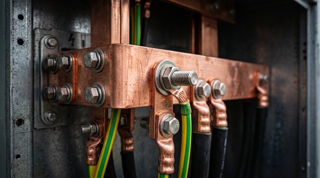 Copper busbar electrical connection inside industrial power distribution cabinet.
