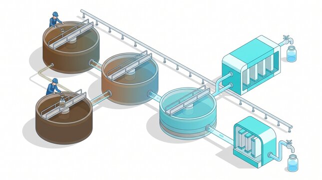 Isometric water treatment plant with settling tanks and filtration
