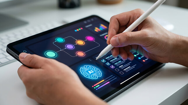 Digital tablet interface with AI data visualization, designer hands using stylus on touch screen, artificial intelligence workflow dashboard on mobile device
