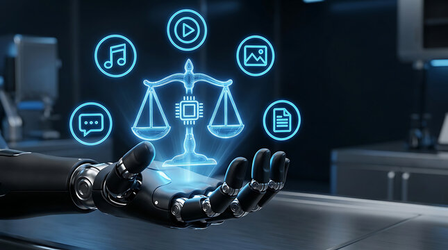 AI justice concept, a robotic hand holding a glowing blue scale icon, digital law and ethical technology, artificial intelligence in legal systems, future of jurisprudence