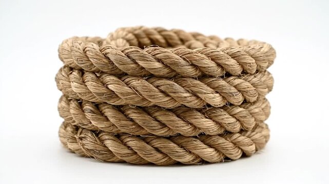 Close-up view of a coiled brown rope on a white background, highlighting texture and detail